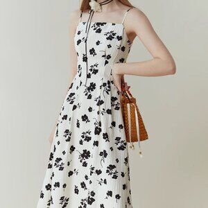 New female Lady Women Creamy White French Floral Dress